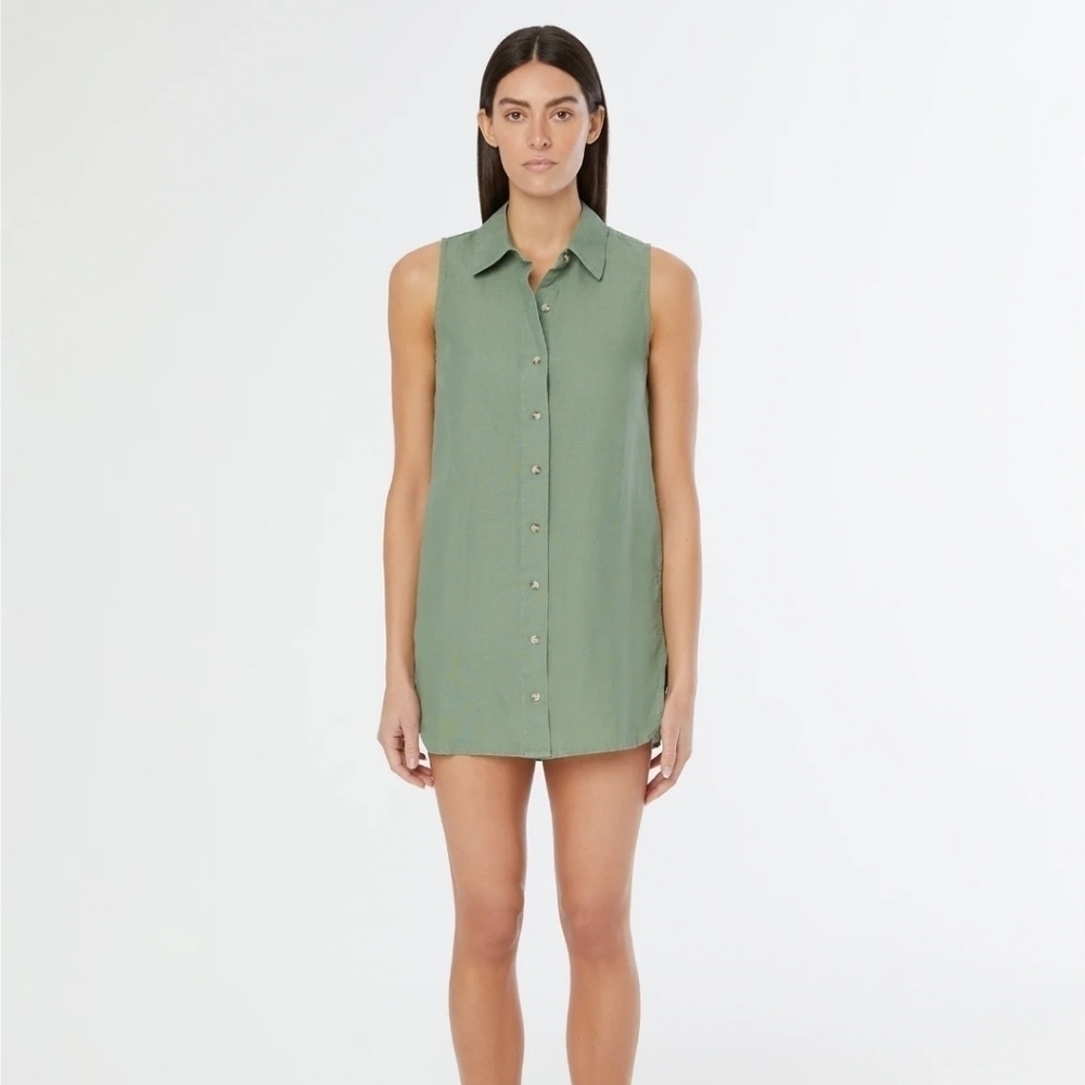 Onia Air Linen-Blend Sleeveless Shirt Dress in Sea Spray Women's Size Medium